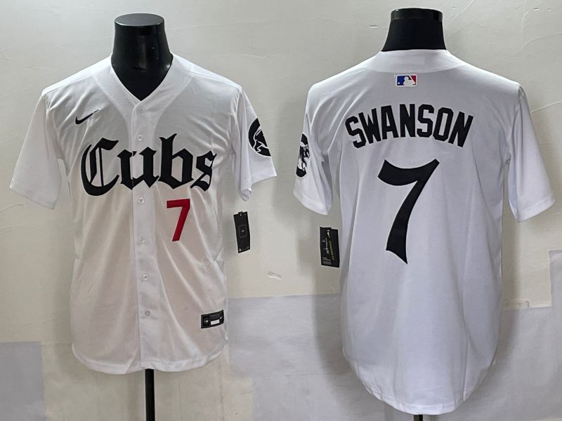 Men 2025 Chicago Cubs #7 Swanson White Five generations Joint Name Nike MLB Jersey style 5